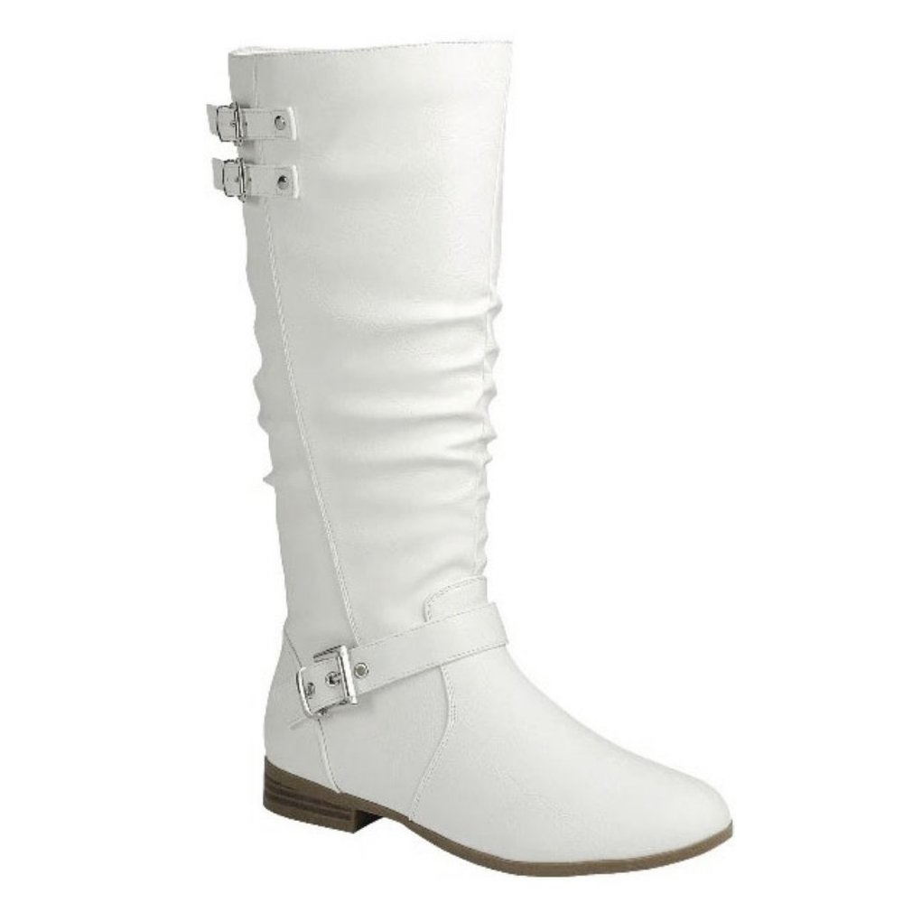 New White Buckle Slouchy Mid-Calf Riding Boots